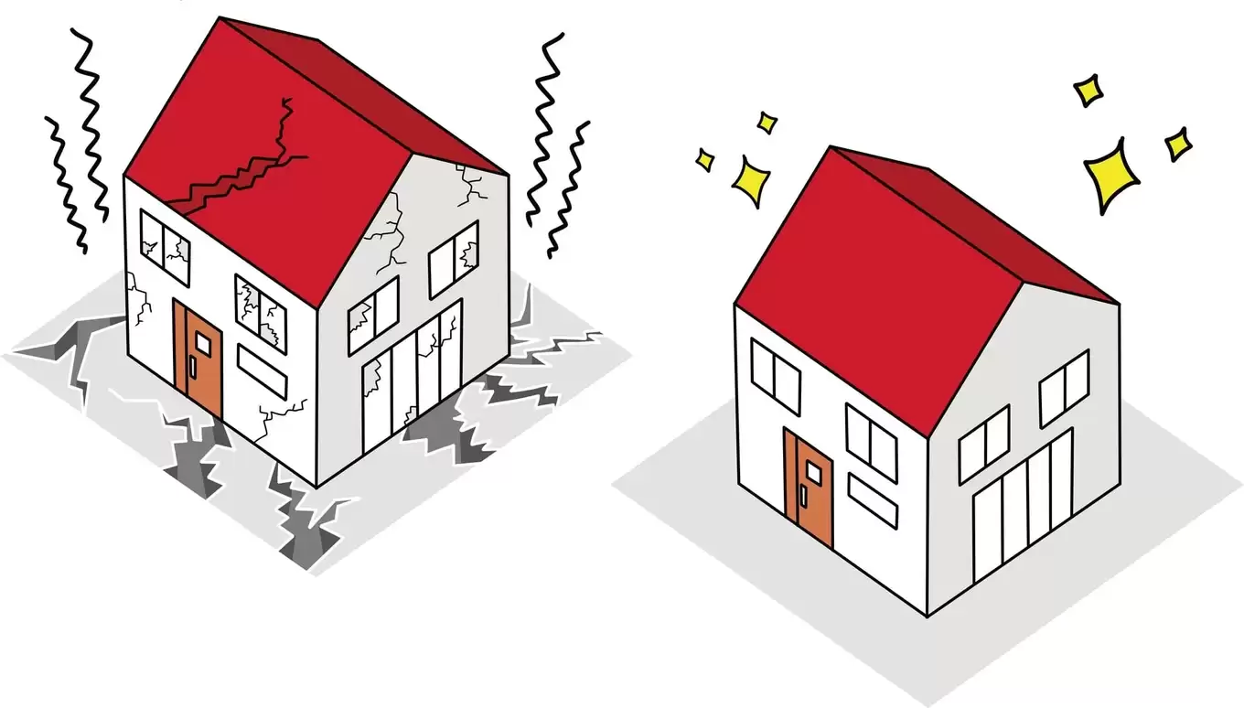 地震で損壊する住宅と耐震性のある住宅の比較イラスト