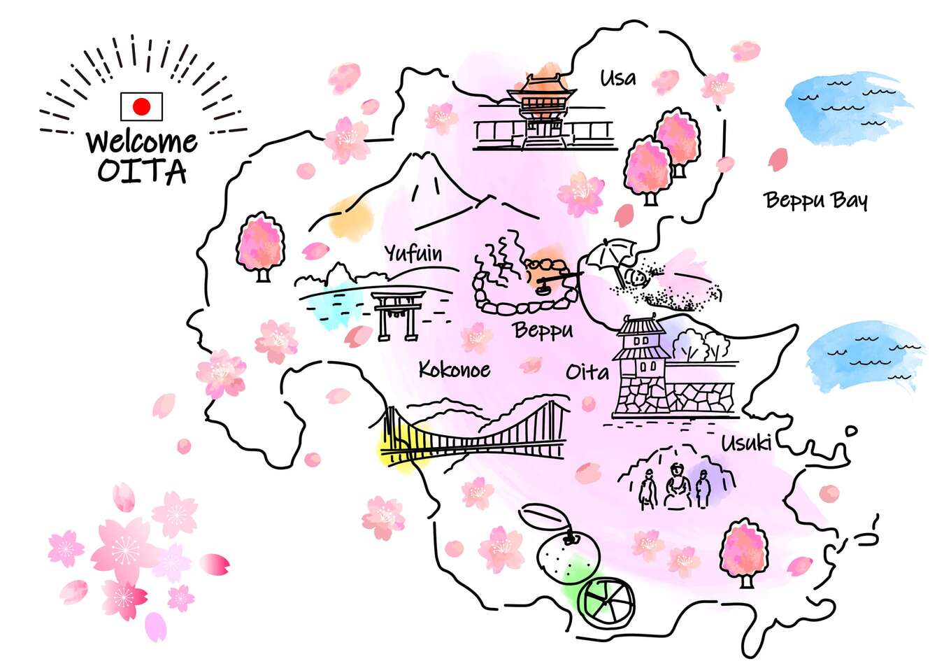 春の大分県の観光地のシンプル線画イラストマップ（ピンク）