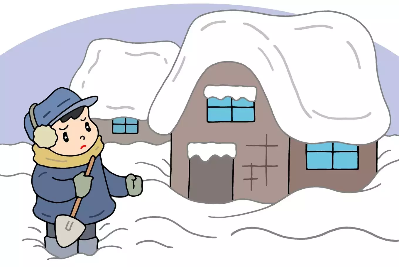 屋根に高く雪が積もった家と雪かきをする人のイラスト