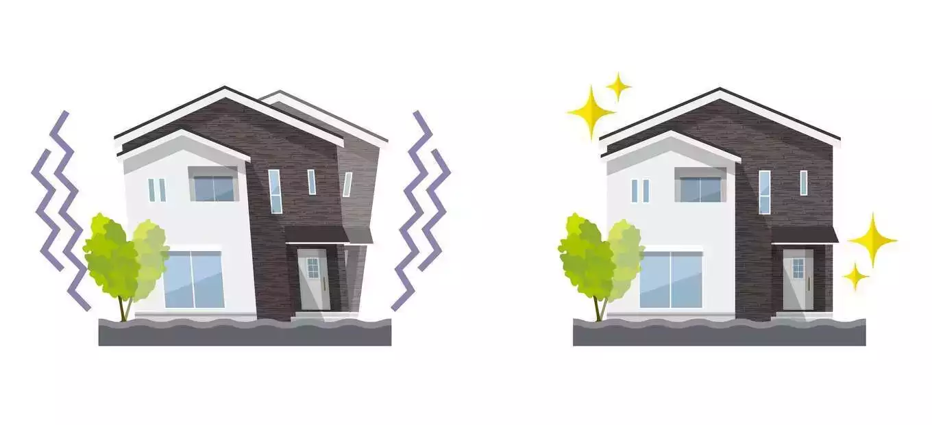 耐震性能の低い家と高い家のイメージ