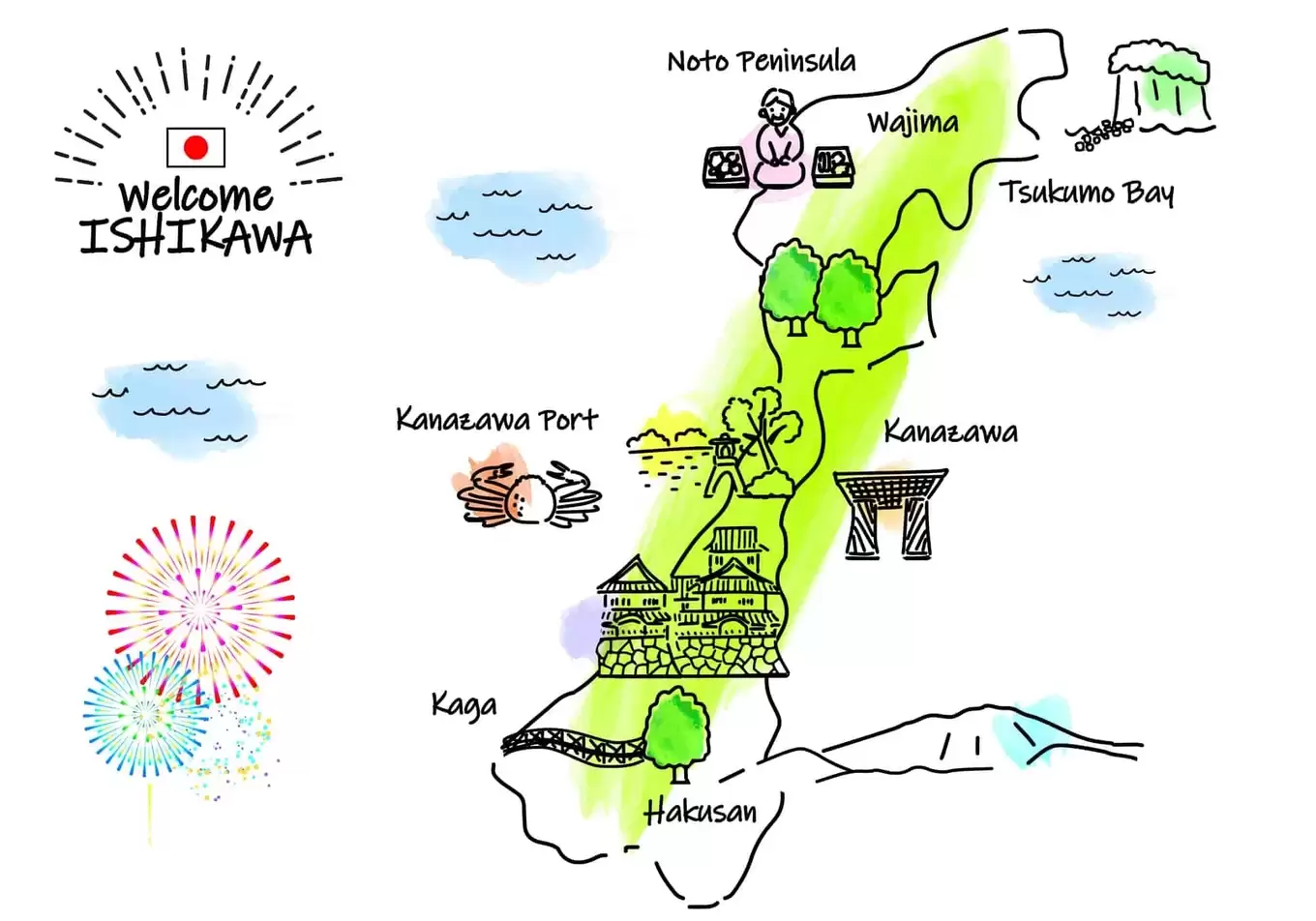 石川県の観光地のシンプル線画イラストマップ