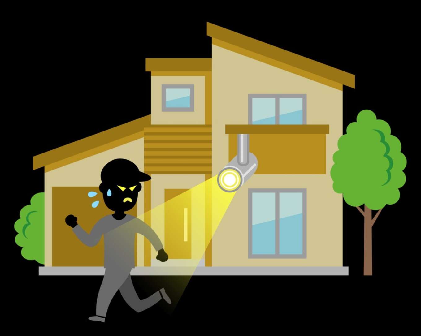 防犯ライトに驚いて逃げる泥棒のイラストイメージ