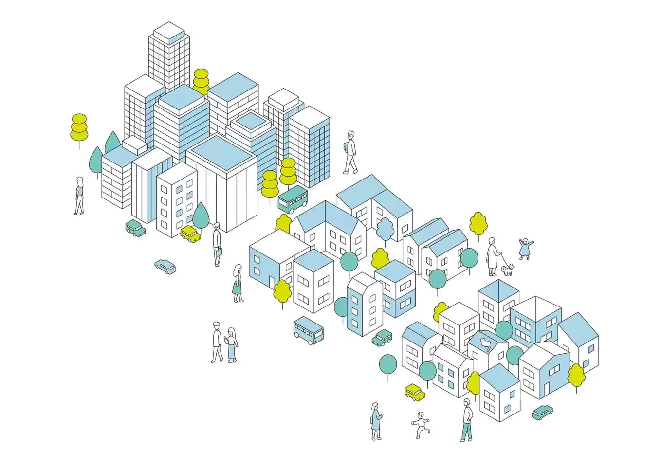 オフィス街や住宅地がある大きな街のイラスト