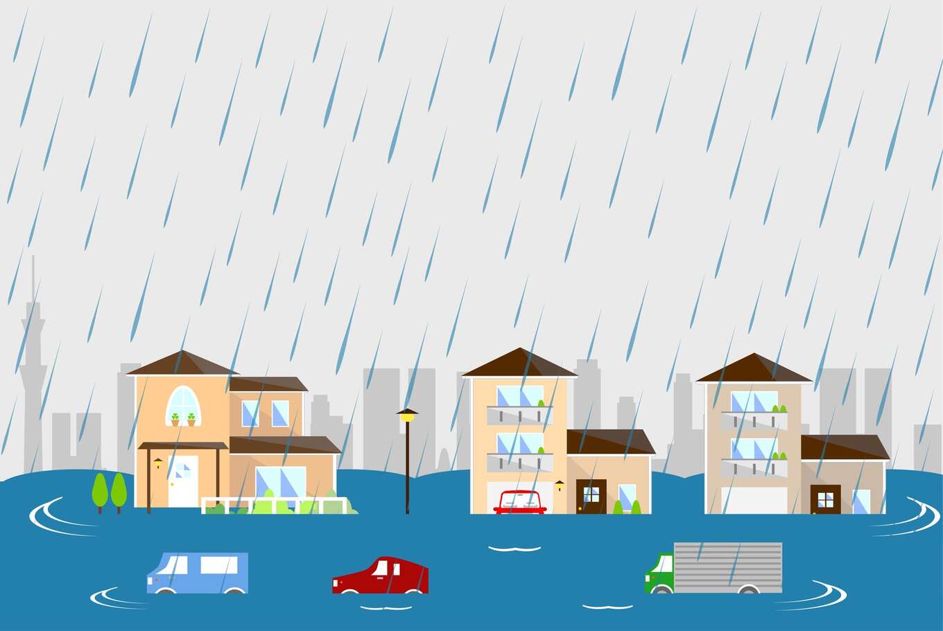 洪水で浸水する街