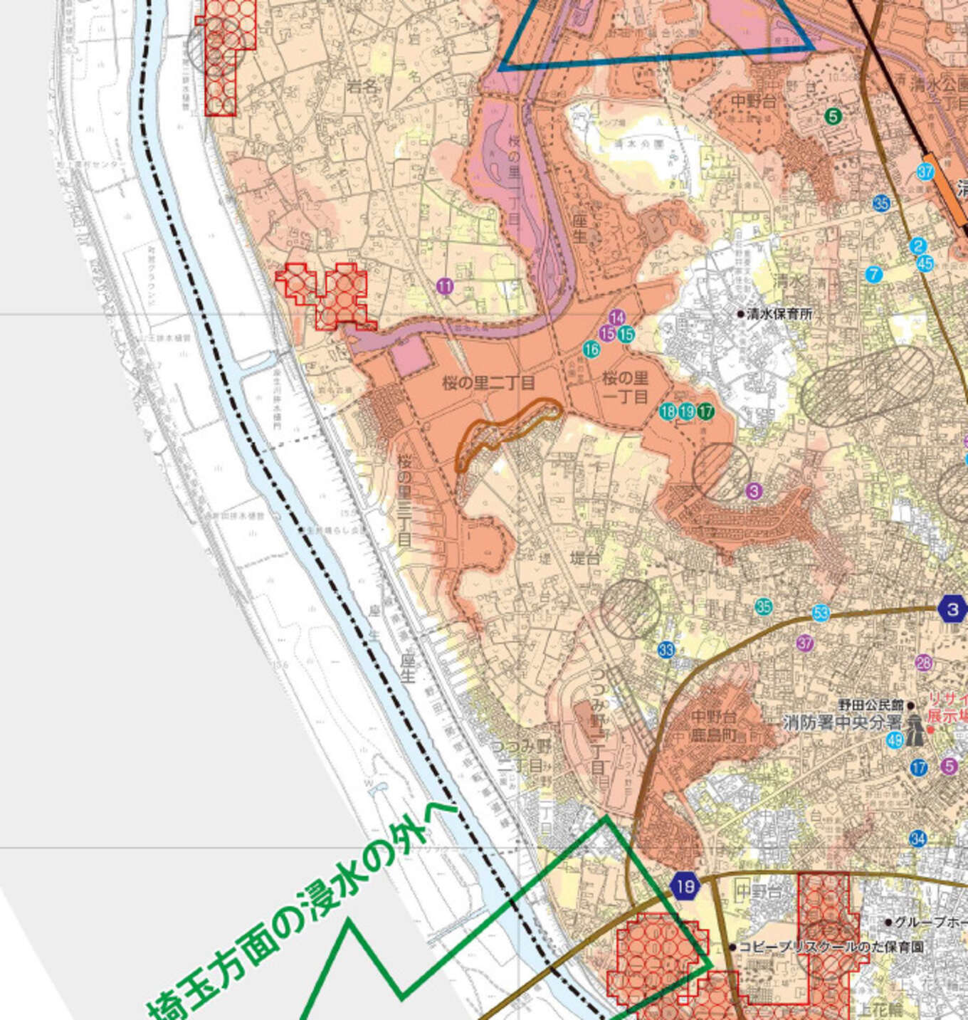 野田市座生地区と堤台地区のハザードマップ
