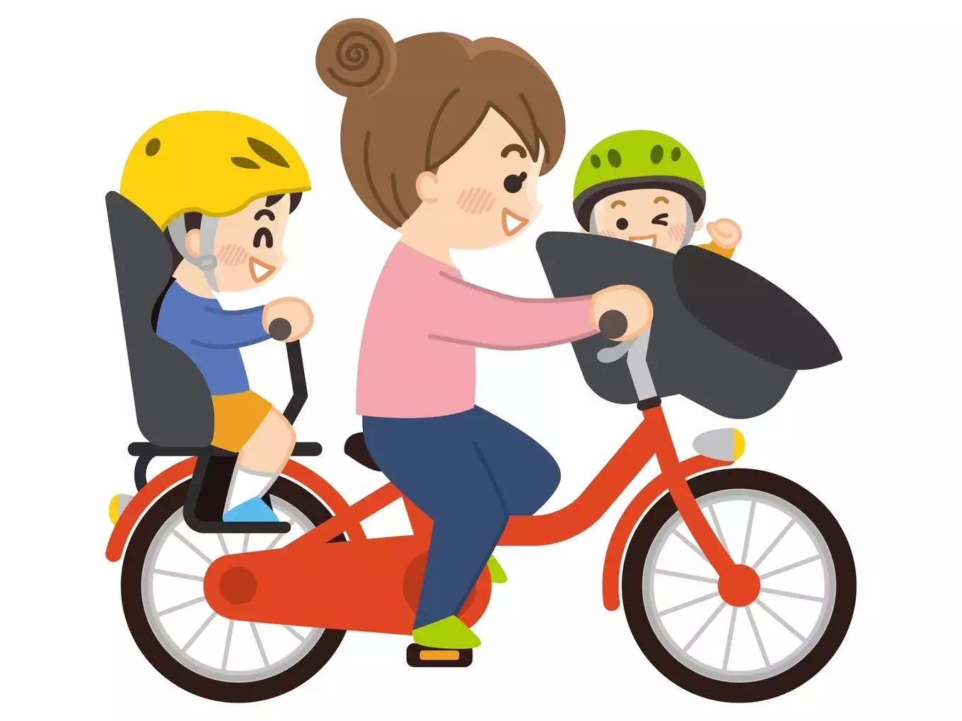 自転車に子供を二人乗せて走るお母さん