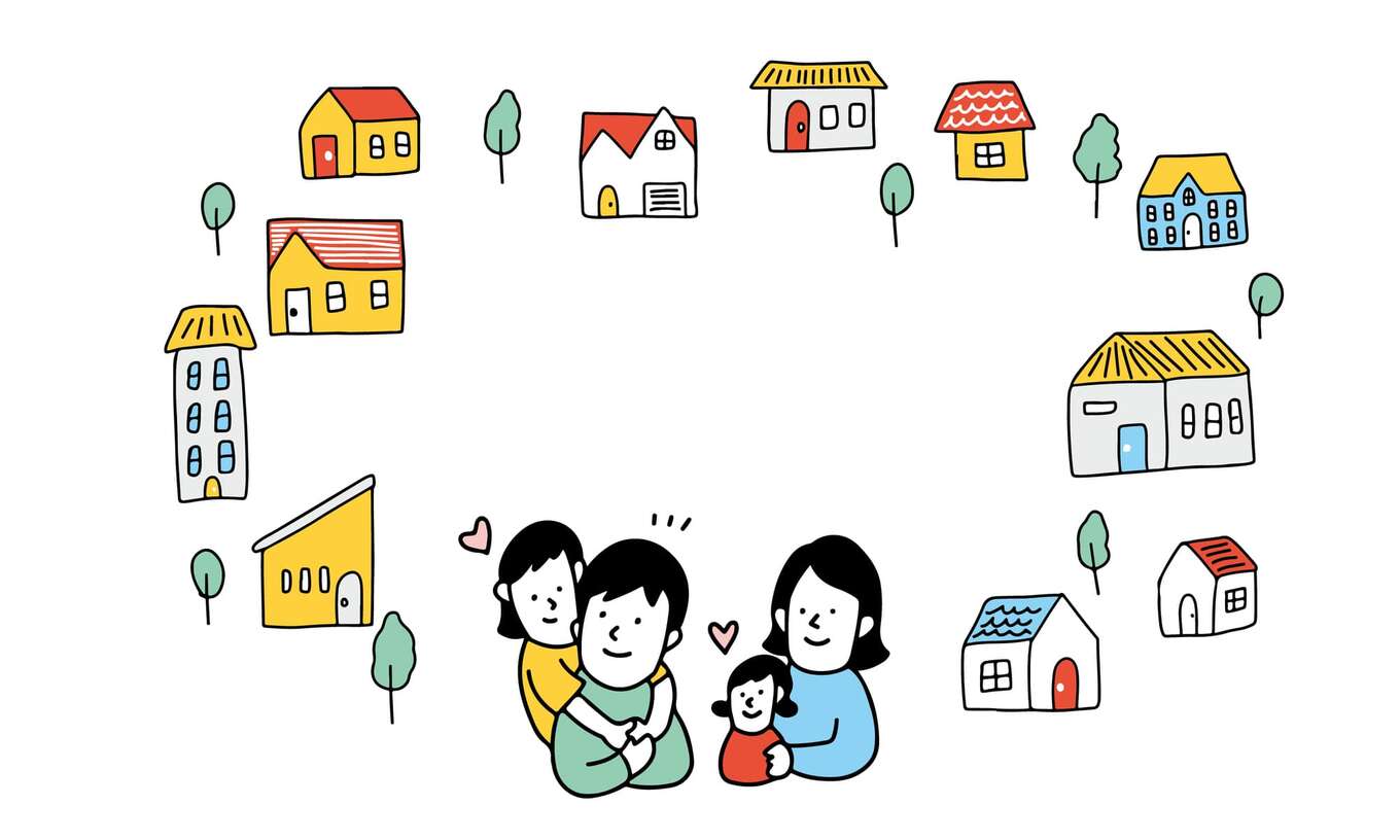 住宅・引越しを検討する四人家族のイラスト