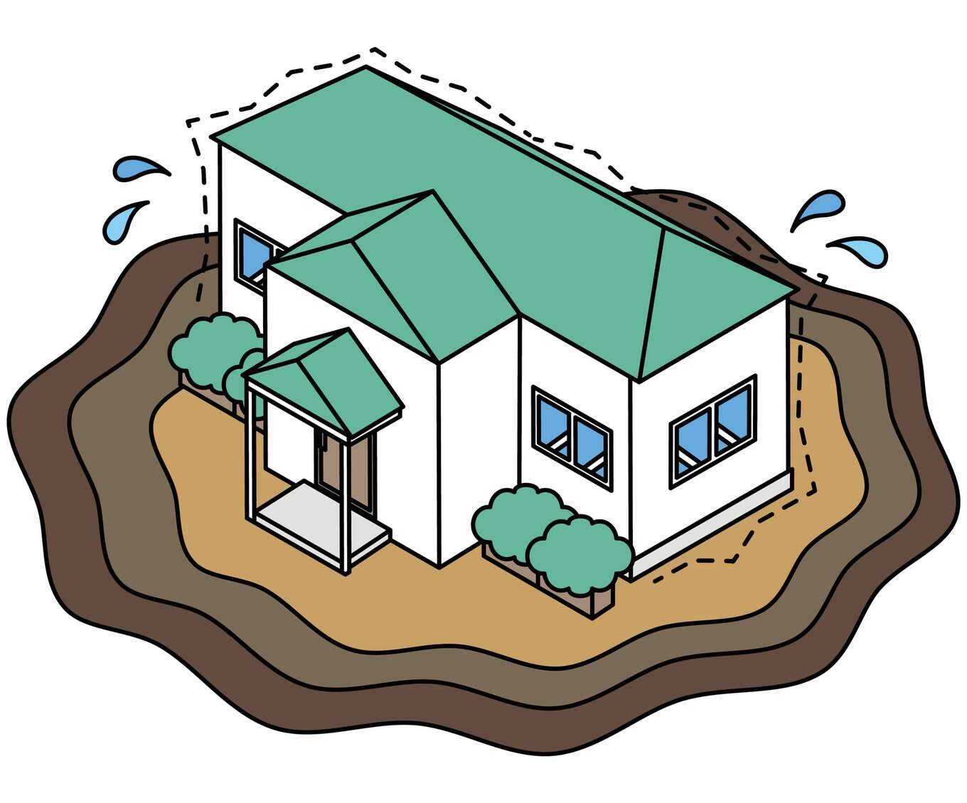 液状化による地盤沈下で沈んでしまった住宅のアイソメイラスト