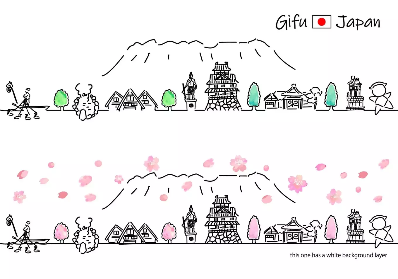春の岐阜県の観光地の街並みシンプル線画セット