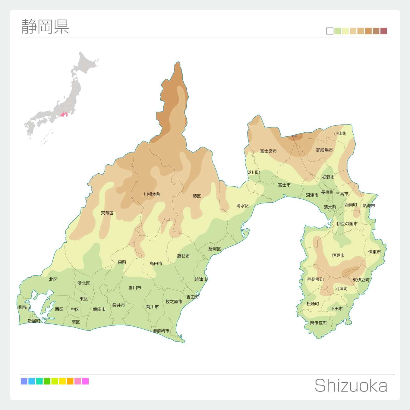 静岡県の地図（等高線・色分け・市町村・区分け）