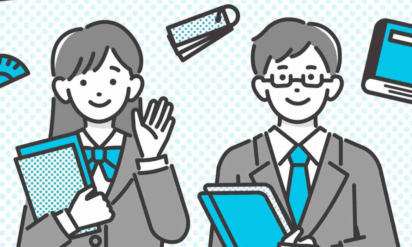 ブレザーを着た学生と学校教育や文具のアイコン