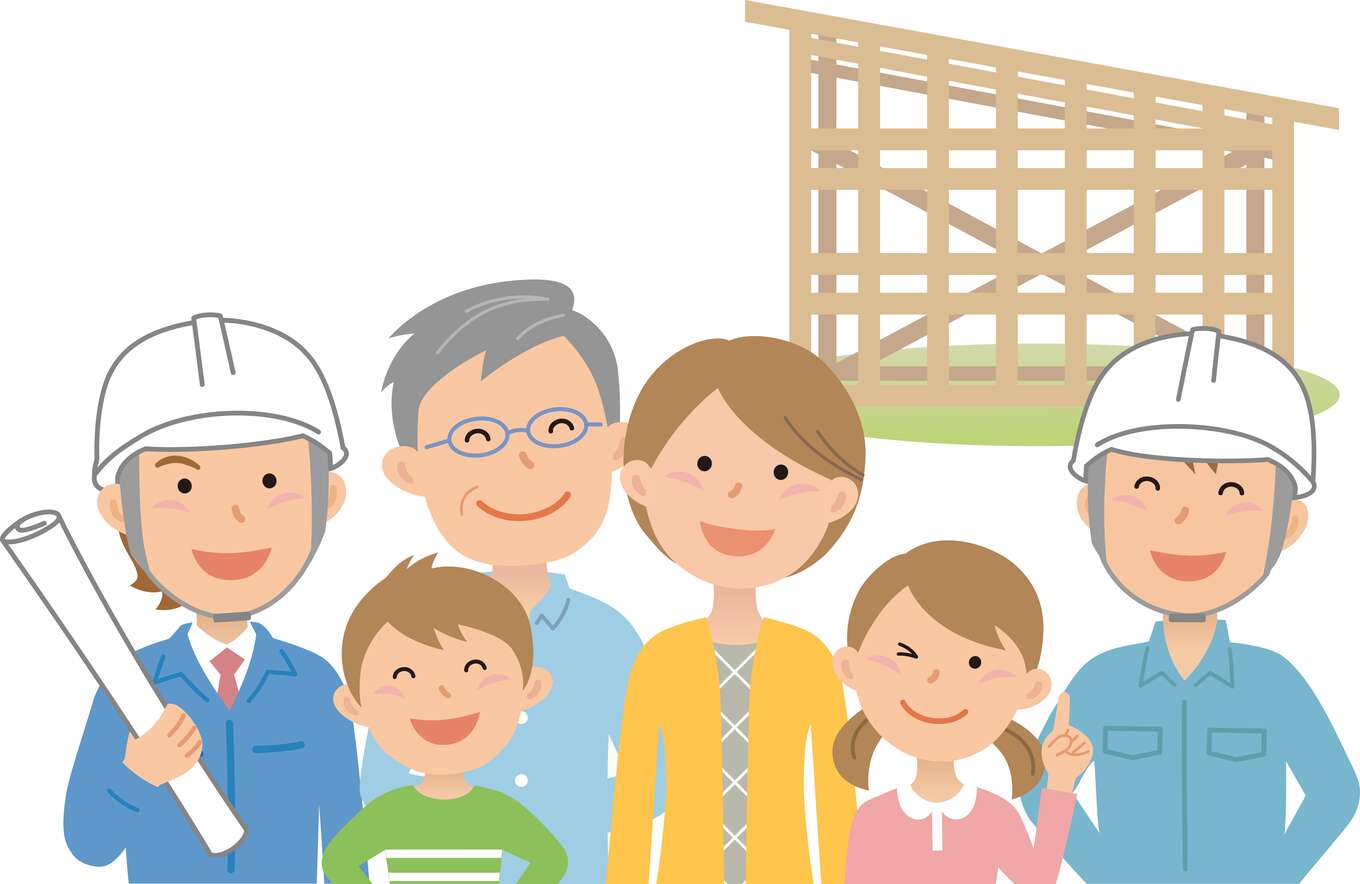 建設中の家と家族のイラスト