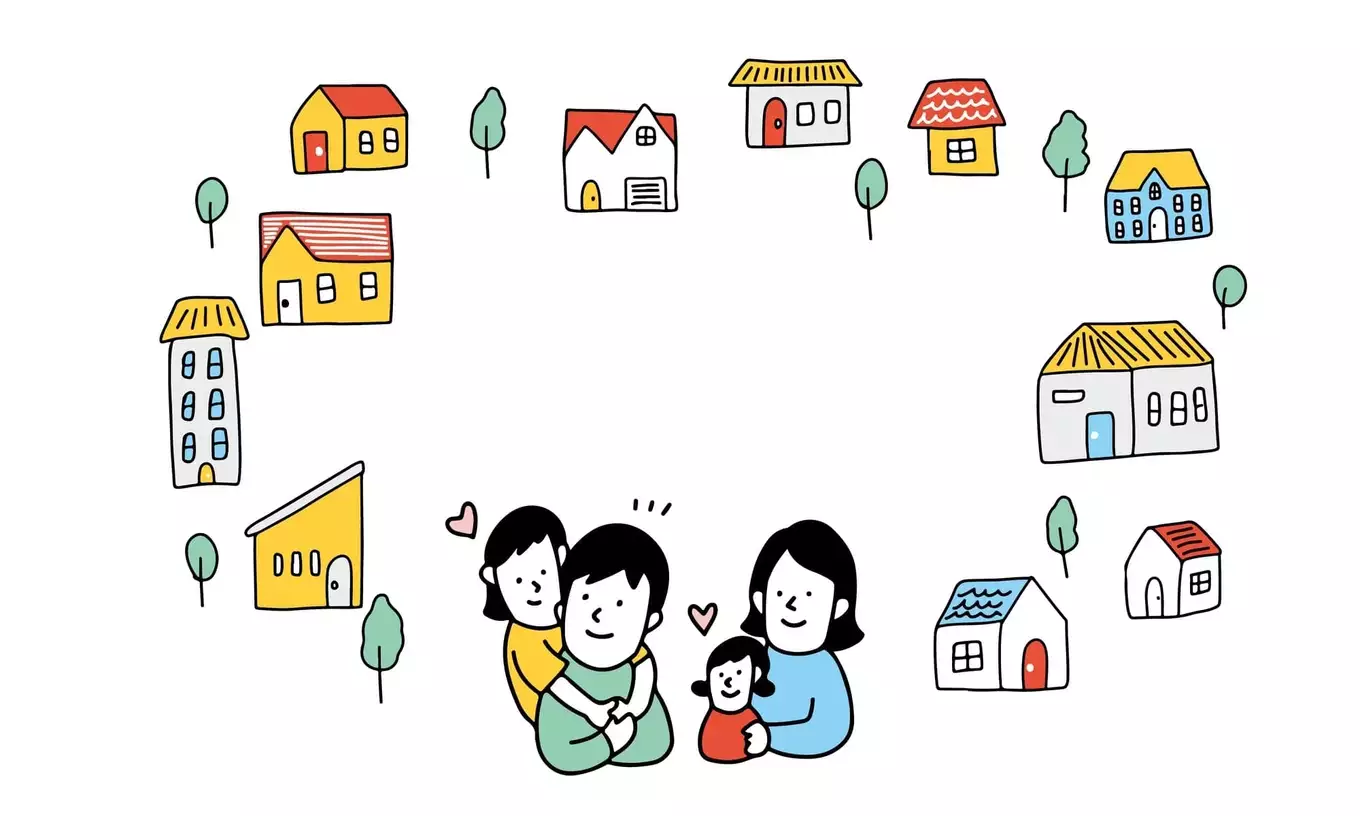 住宅・引越しを検討する四人家族のイラスト