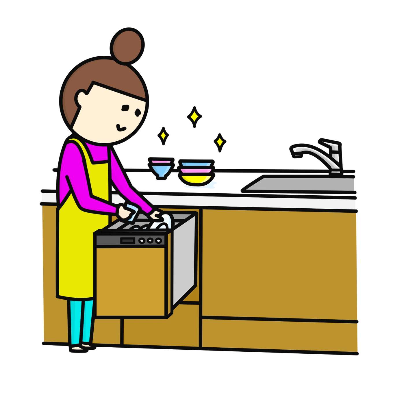 台所をかたずける女性のイラスト