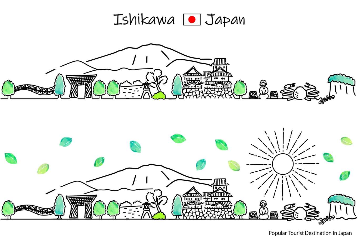 夏の石川県の観光地の街並みと太陽のシンプル線画セット