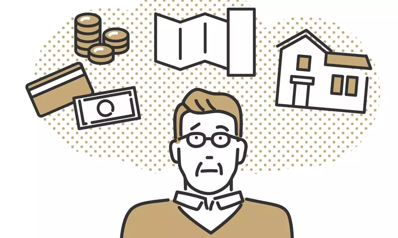 家とお金について考える年配の男性のイメージイラスト素材