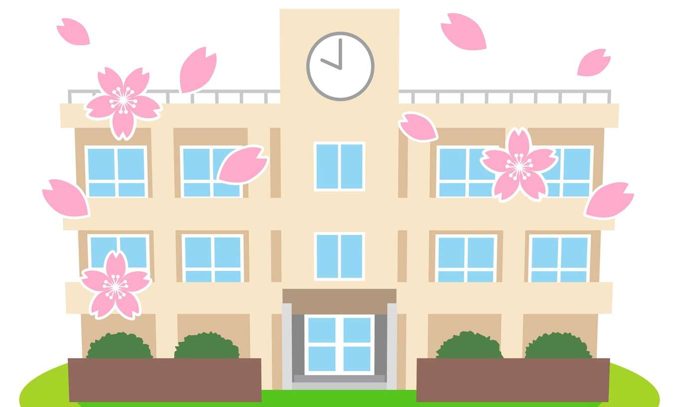 桜が舞っている学校のイラスト
