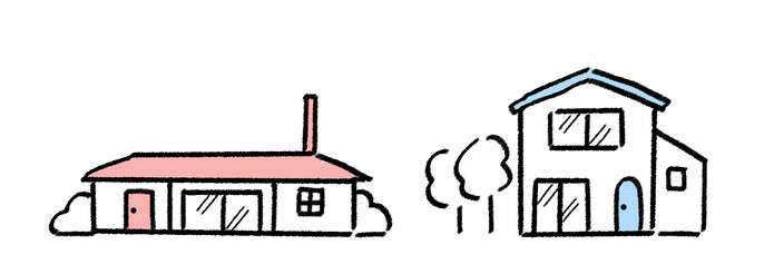 ピンクの屋根の平屋と水色の屋根の二階建ての家が並んでいる