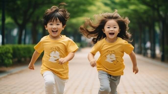 幼稚園児くらいの男の子と女の子がペアルックでニコニコしながら走っている