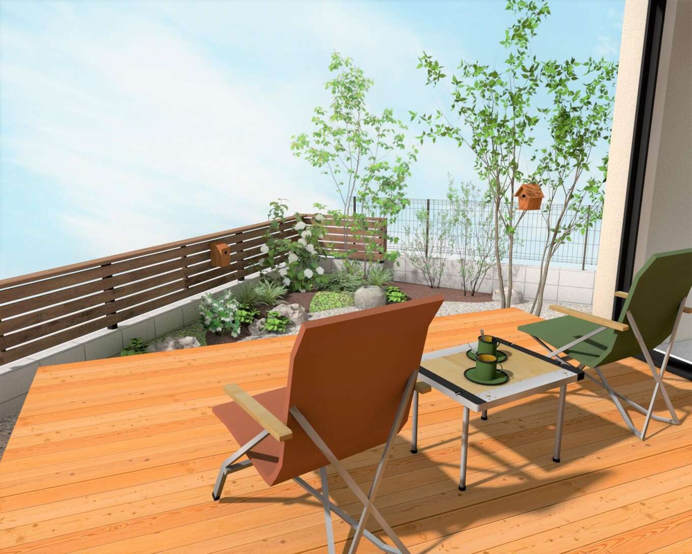 ウッドデッキと庭、椅子とサイドテーブル