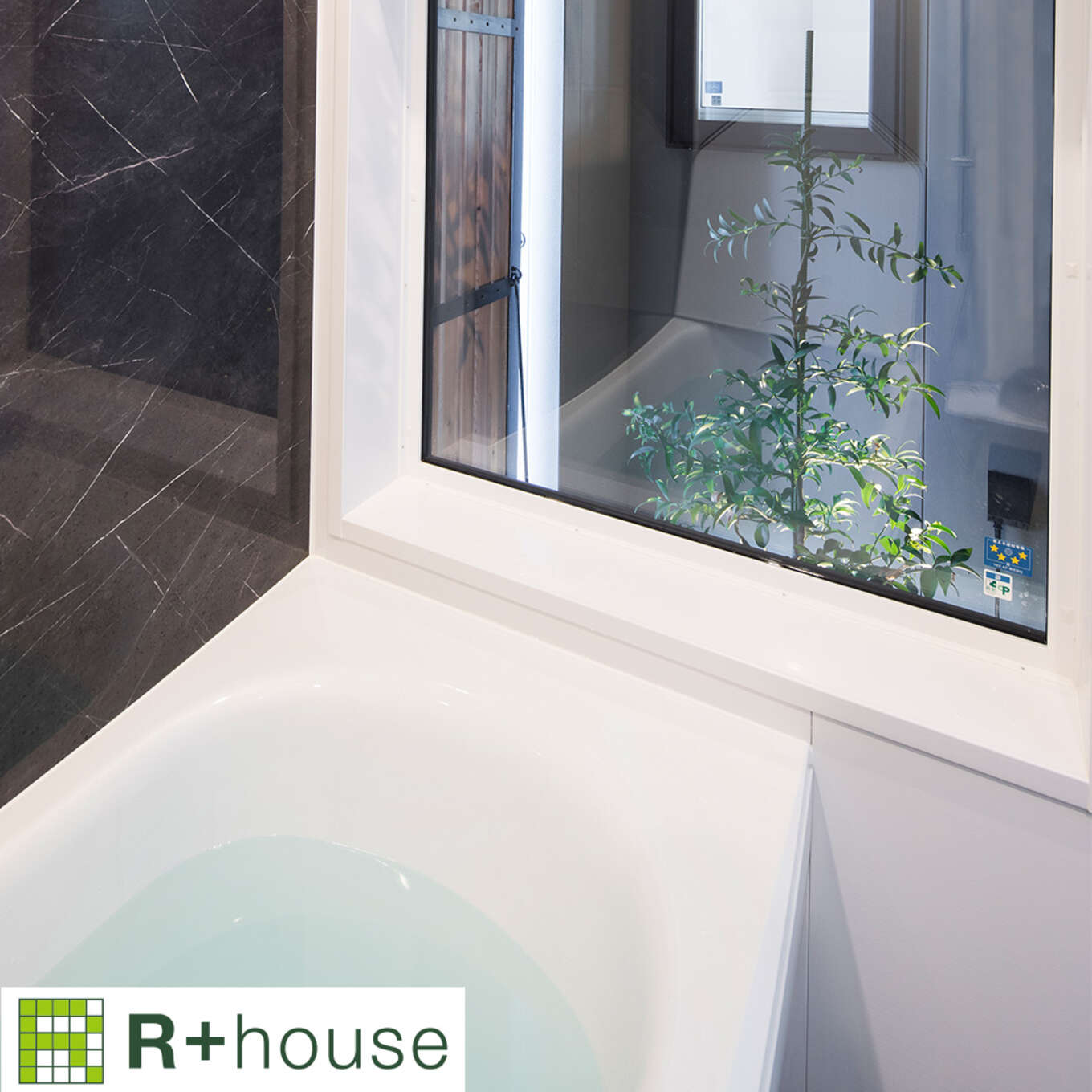 R+houseの物件の浴室の写真です。浴室にある窓からはバスコートにある緑が見える。