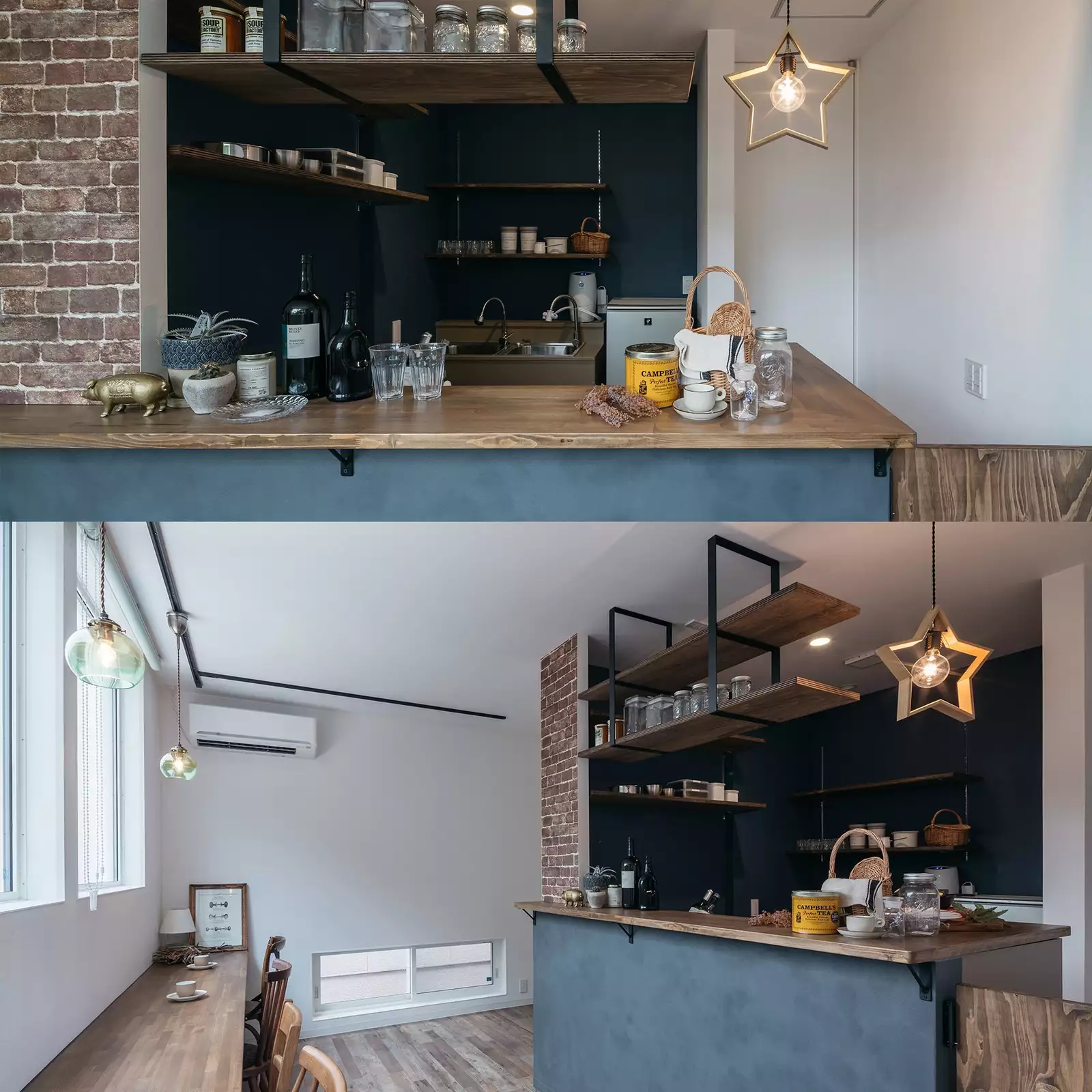 R+houseの物件のカフェスペースの写真です。上はカフェキッチンを正面から写したもの。下はカフェ全体を横から写したもの。落ち着いた色合いのおしゃれなカフェ。